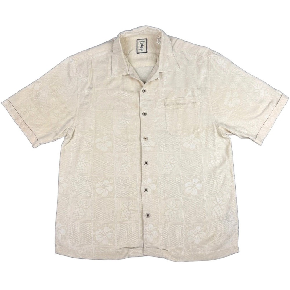 Jamaica Jaxx Men's L Silk Cream Shirt Summer Pineapple Hibiscus Short Sleeve